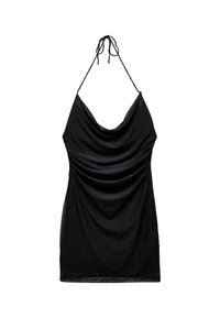 Schwarzes Halfterkleid mit drapiertem Design, verziert mit schimmernden silbernen Punktakzenten und aus glattem, leichtem Stoff, der eine elegante Silhouette schafft.