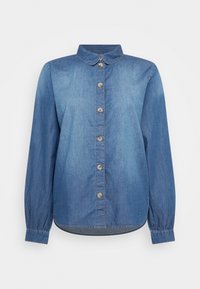 Denim button-up shirt in medium blue. Features a collar, long sleeves with gathered cuffs, and wooden buttons down the front. Smooth texture.