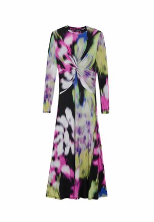 Maxi-jurk met lange mouwen, gedraaide voorkant en abstract bloemenprint in roze, groen, blauw, wit en zwart.