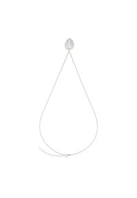 Collana d'argento con un pendente a forma di foglia al centro. La catena è delicata, dotata di un gancio a molla e lunghezza regolabile.
