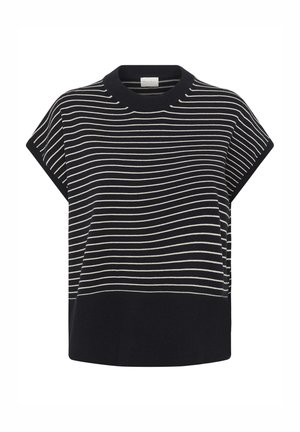 Striktop med en mørk navy bund og hvide vandrette striber, korte ærmer og ribbet crew neck. Tekstureret stof med en afslappet pasform.