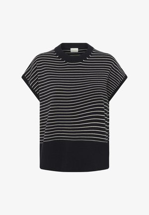 Sweter z dzianiny o ciemnoniebieskiej bazie z białymi poziomymi paskami, krótkie rękawy i ribbowany okrągły dekolt. Strukturalna tkanina z luźnym krojem.