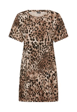 Φόρεμα με λεοπάρ σχέδιο σε αποχρώσεις του καφέ και του μπεζ, με κοντά μανίκια, στρογγυλή λαιμόκοψη και άνετη εφαρμογή. Κατασκευασμένο από μαλακό, υφασμένο ύφασμα.