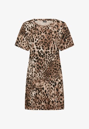 Leopardi mustriga kleit pruuni ja beeži toonides, millel on lühikesed varrukad, ümar kaelus ja lõdvestunud lõige. Valmistatud pehmest, tekstuuriga kangast.