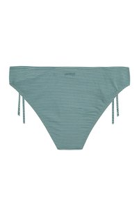 Prugasti tirkizni bikini donji dio s bočnim vezivanjem, koji ima glatak materijal i srednje visok kroj. Uzorak se sastoji od naizmjeničnog svjetlih i tamnih pruga.