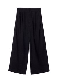 Pantalon noir à jambes larges en tissu léger, avec une taille haute, des plis et une texture lisse, offrant une silhouette décontractée.