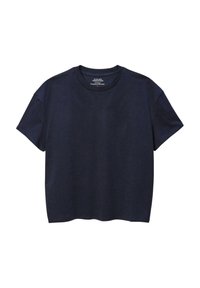 T-shirt en coton bleu marine avec un col rond, des manches courtes et une coupe décontractée. Tissu texturé, sans motifs ni accents.