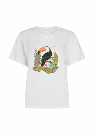 T-shirt blanc à manches courtes présentant un graphisme coloré de toucan entouré de feuilles vertes et de fleurs. Matière en coton avec une coupe décontractée.