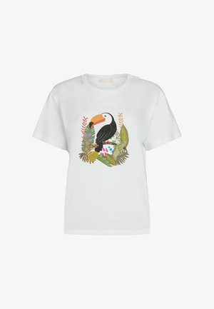 T-shirt bianco a maniche corte con una grafica colorata di un tucano circondato da foglie verdi e fiori. Materiale in cotone con vestibilità ampia.