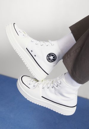 Baskets blanches montantes Converse All Star portées avec des chaussettes blanches et un pantalon foncé, pieds légèrement surélevés sur un fond uni.