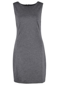 Robe ajustée sans manches, longueur genou, gris foncé, avec un col rond et une fermeture éclair au dos.