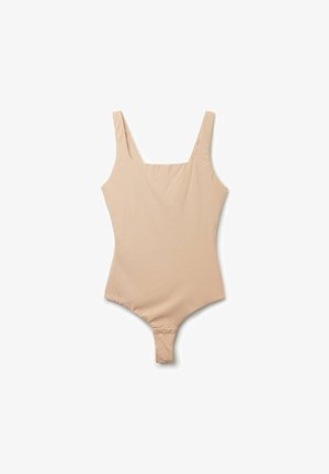 Huidkleurig badpak met een vierkante halslijn, brede schouderbanden en een lage rug. Glad, rekbaar materiaal met een minimalistisch ontwerp en zonder patronen.