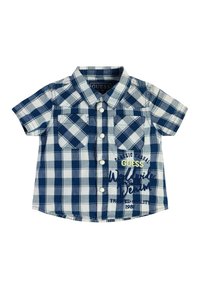 Camicetta a maniche corte con pattern a scacchi blu e bianchi, due tasche anteriori e testo ricamato in basso a sinistra. Materiale in cotone.