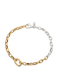 Gold- und Silbermetallkettenarmband mit ineinandergreifenden Gliedern, einem großen Mittelglied und einem Karabinerverschluss. Glatte Oberfläche, glänzendes Finish.