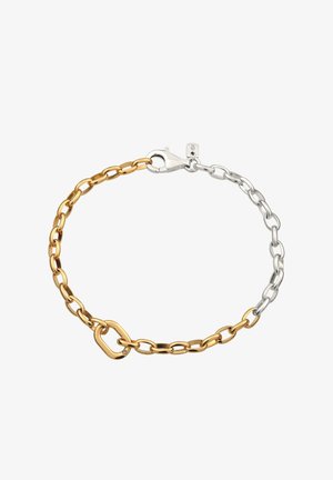 Gold- und Silbermetallkettenarmband mit ineinandergreifenden Gliedern, einem großen Mittelglied und einem Karabinerverschluss. Glatte Oberfläche, glänzendes Finish.