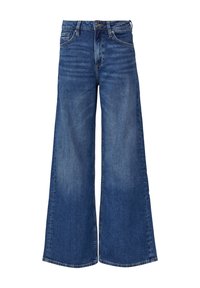 Jean en denim à jambes larges de couleur bleu moyen avec une texture lisse, présentant une taille standard et des coutures contrastantes.