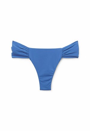 Blue bikini bottom with off-the-shoulder ruffle detailing, made from stretchy fabric, featuring a high-cut leg and minimal back coverage.