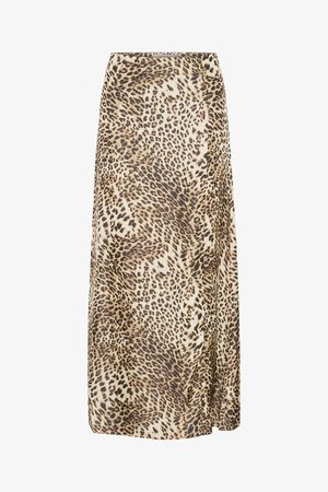 Leopardimustriga midi seelik, mis on valmistatud pehmest kangast, voogava disainiga, heledad beež taust tumedate pruunide mustritega ja külgava.