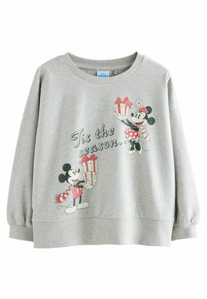 Gray sweatshirt with long sleeves featuring a graphic of two cartoon mice holding gift boxes. Text reads, "‘Tis the season..." in black.