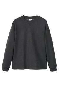 Dunkelgrauer Pullover mit langen Ärmeln, V-Ausschnitt, weicher Textur und gerippten Bündchen, mit sauberer, einfacher Silhouette. Keine Muster.