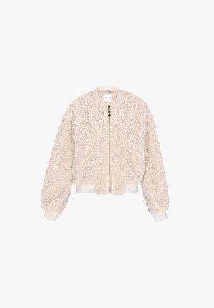 Beige, fluffy sherpa bomberjakke med fuld frontlynlås samt ribbede kanter og kanten, lagt fladt på hvid baggrund.