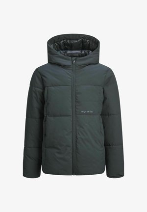 Ciemnozielona kurtka puchowa z kapturem, z zamkiem błyskawicznym, quiltowanym wzorem i detalem logo na lewej stronie klatki piersiowej. Gładka tekstura.