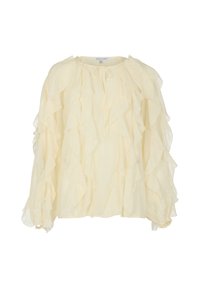 Gelbe, langärmlige Bluse mit Rüschenverzierungen vorne und an den Ärmeln, rundem Ausschnitt und leichtem Stoff.