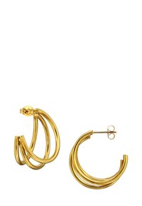 Orecchini a cerchio in oro con design intrecciato. Presentano una finitura lucida e levigata e un supporto sicuro a perno. Le curve multiple creano un effetto stratificato.