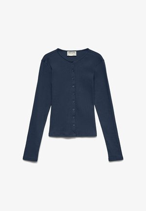 Tumši zils garām piedurknēm pogām aizdares kardigans ar apaļu kakla izgriezumu, ribota tekstūra un zīmola uzlīme uz iekšējā apkakles.