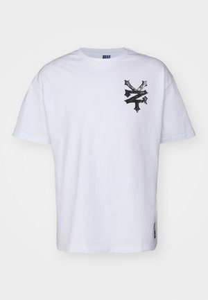 White cotton t-shirt with short sleeves, featuring a black graphic design on the left chest area and a small brand label at the hem.