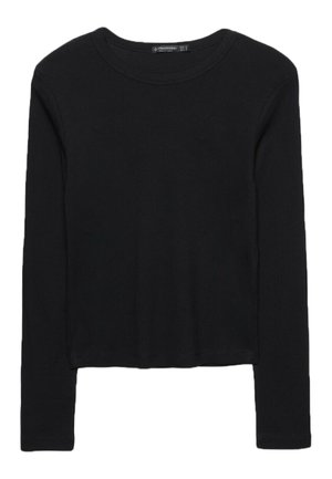 Svart långärmad topp gjord av texturerat tyg. Har en rund halsringning och en kortad design med formade ärmar. Inga synliga mönster.