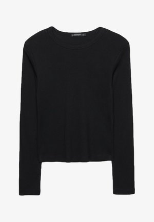 Črna dolga majica z dolgimi rokavi iz teksturirane tkanine. Ima okroglo izrez in kratek kroj z oprijetimi rokavi. Brez vidnih vzorcev.