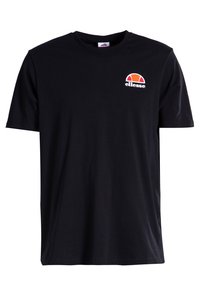 Black short-sleeve T-shirt made of cotton, featuring a small red, orange, and white graphic logo on the left chest. Classic crew neck design.