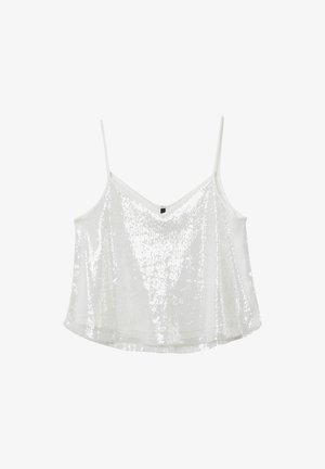 Top court sans manches en sequins blancs avec de fines bretelles spaghetti et un décolleté en V, présenté sur un fond blanc uni.
