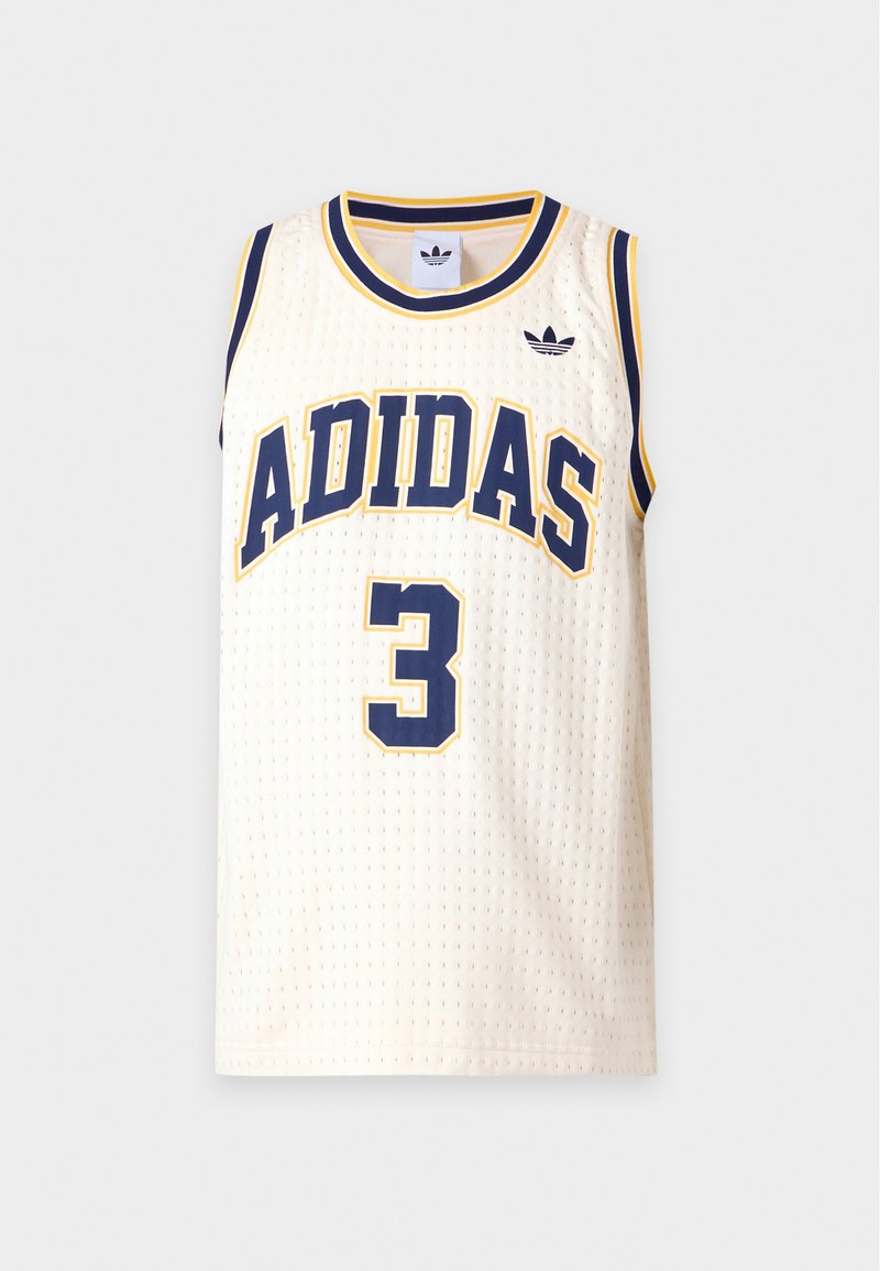 White mesh sleeveless Adidas sports jersey with navy and yellow trim, navy number three, and Adidas logo on the chest.