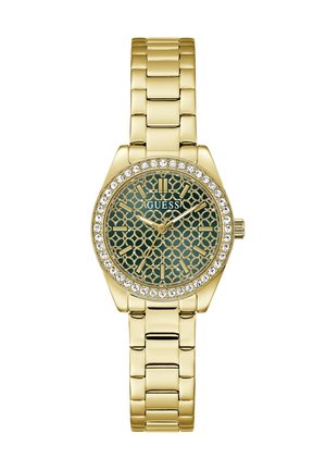 Montre-bracelet en métal doré avec cadran vert à motifs, lunette ornée de cristaux, index dorés et trois aiguilles indiquant l'heure.