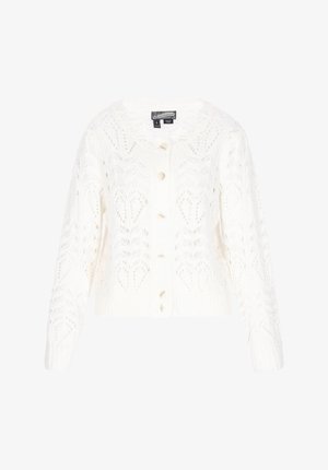 Bílý pletený cardigan se vzorem z krajky, kulatým výstřihem a šesti knoflíky vpředu. Zúžené manžety a spodní lem.