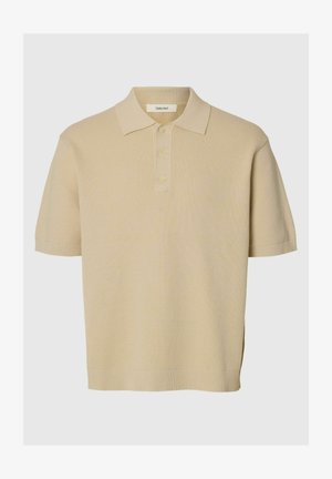 Beige kortærmet strikket poloshirt med krave og tre knapper, ribstrikkede manchetter og kant, tekstureret stof.