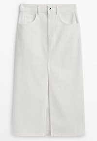 Jupe midi en jean blanc avec fente frontale, passants pour ceinture, fermeture à boutons et zip, et deux poches avant.