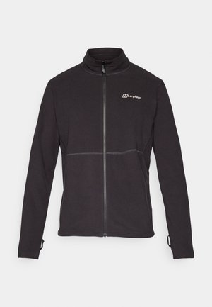 Jachetă fleece neagră cu guler înalt, fermoar complet și cusături contrastante. Dispune de un logo pe partea superioară stângă și manșete reglabile.