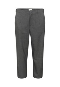 Pantalons ajustés gris avec un motif texturé subtil. Présentent une fermeture à bouton et une coupe décontractée, raccourcis juste au-dessus de la cheville.