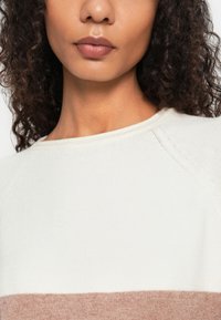Maglione lavorato a maglia con scollatura a girocollo, corpo in una morbida crema chiaro con una striscia orizzontale color ruggine nella parte inferiore.