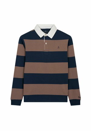Camisa polo de manga larga con rayas horizontales en azul marino y marrón, cuello blanco y logo bordado en el pecho. Tejido de algodón, puños acanalados.