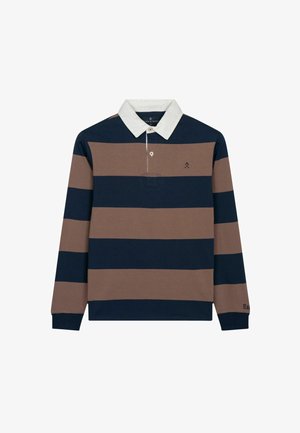 Polo shirt met lange mouwen, voorzien van horizontale strepen in marineblauw en bruin, witte kraag en geborduurd logo op de borst. Gemaakt van katoen, met geribbelde manchetten.