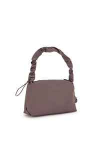 Small, muted purple handbag with a soft, padded appearance. Features a twisted handle, zip closure, and smooth fabric texture.