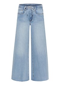 Jeans de tiro alto de tela vaquera en azul claro, con pernera ancha y cintura con cordón, que cuentan con bolsillos frontales y un dobladillo sin rematar en la parte inferior.