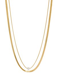 Naszyjnik na podwójnym łańcuszku w kolorze złotym, o gładkim, płaskim designie; posiada okrągły, przezroczysty kryształowy akcent na środku.