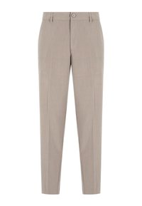Pantaloni beige realizzati in un tessuto leggero, con design a gamba dritta, chiusura con un bottone e una sottile trama verticale.