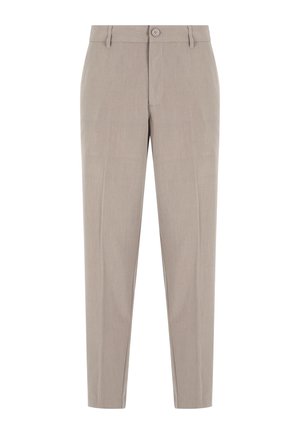 Pantaloni beige realizzati in un tessuto leggero, con design a gamba dritta, chiusura con un bottone e una sottile trama verticale.
