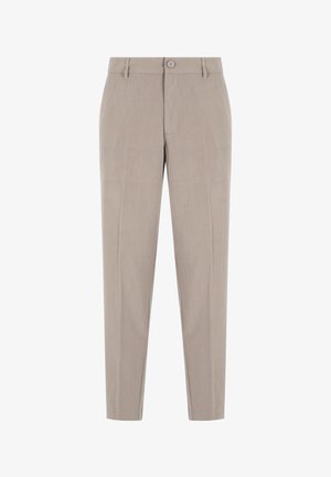Pantalon beige en tissu léger, avec une coupe droite, fermeture à un bouton et texture verticale subtile.